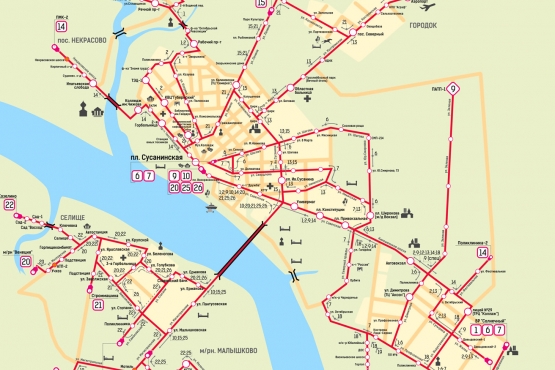 Схема движения общественного транспорта Кострома. Схема автобусных маршрутов Кострома.